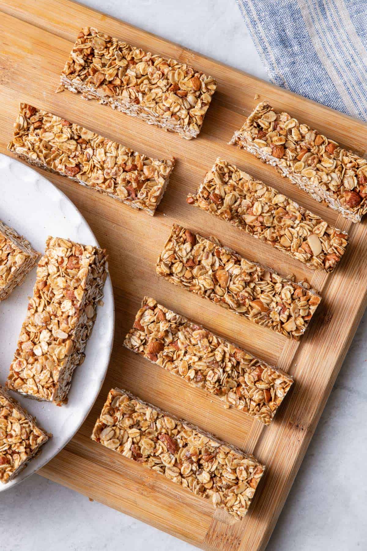 Granola bars on a wooden board