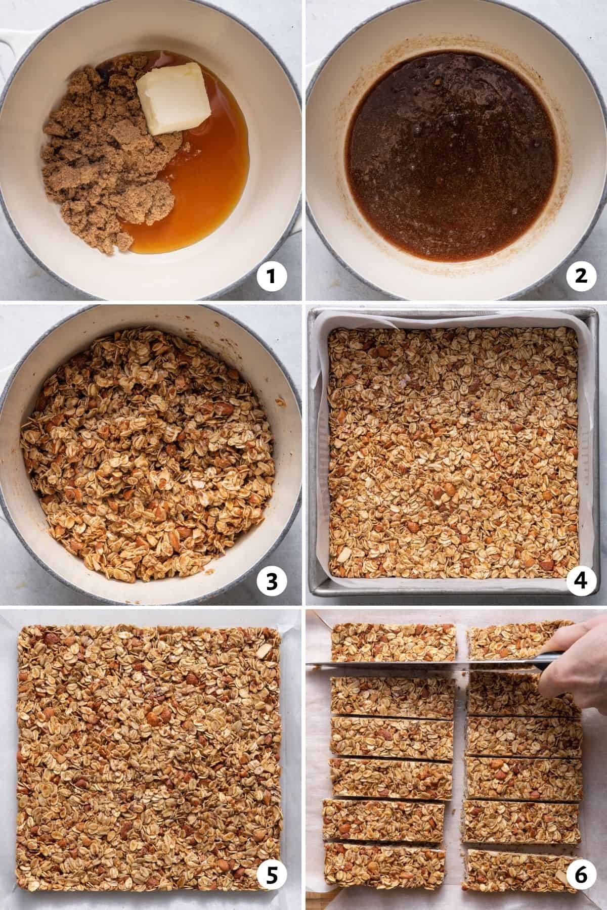 6 image collage of pot melting butter and sugar, then oats added, then transferred to baking dish, then removed, then sliced into granola bars