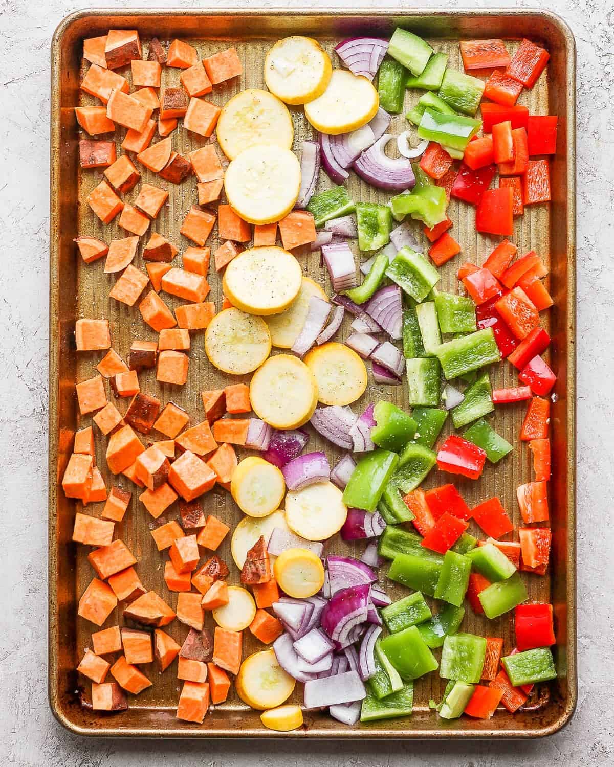 Vegetables tossed with olive oil, salt, pepper and garlic powder.