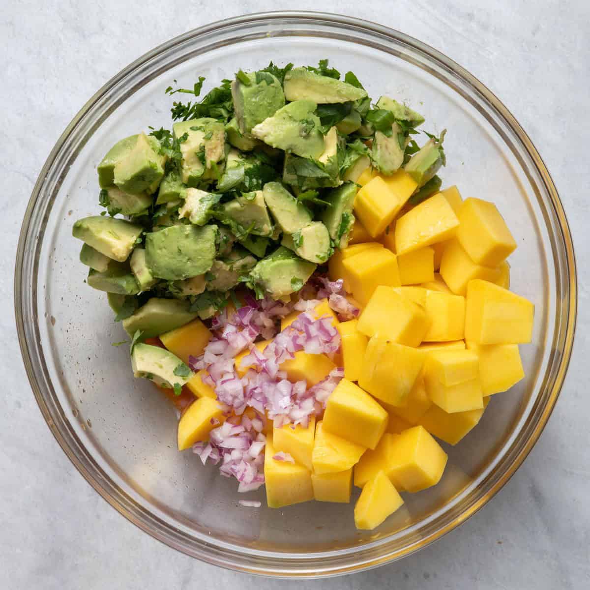 Ingredients for Mango Avocado Salad before mixing.