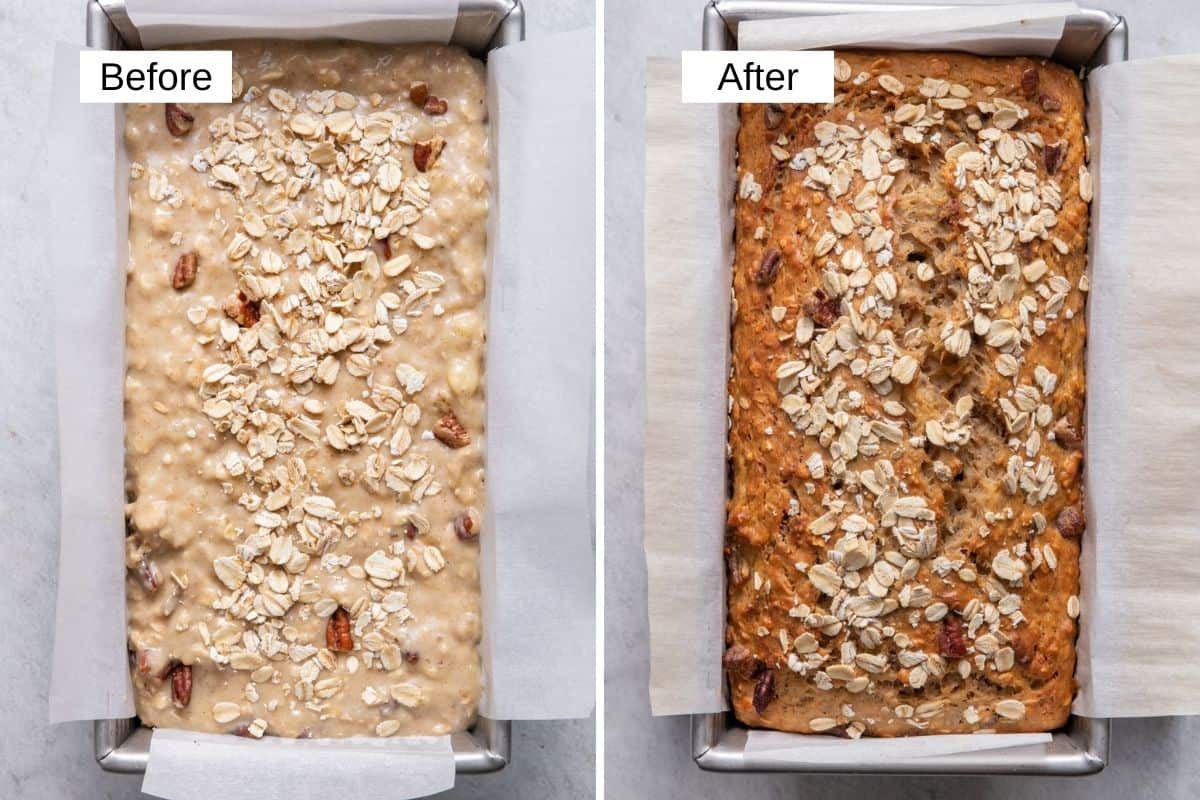 2 image collage to show the banana bread before and after baking