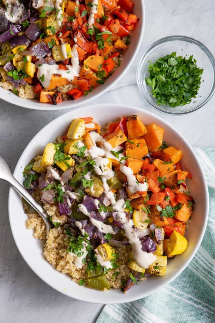 Roasted Vegetable Quinoa Bowl with Tahini Suace - Feel Good Foodie