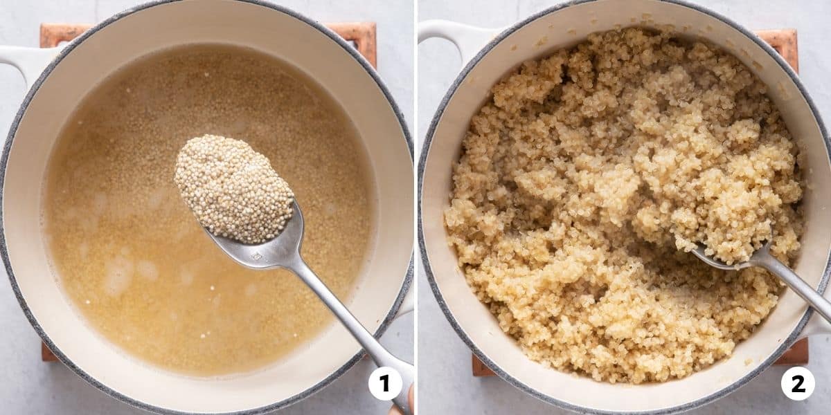 2 image collage to show the quinoa before and after it's cooked
