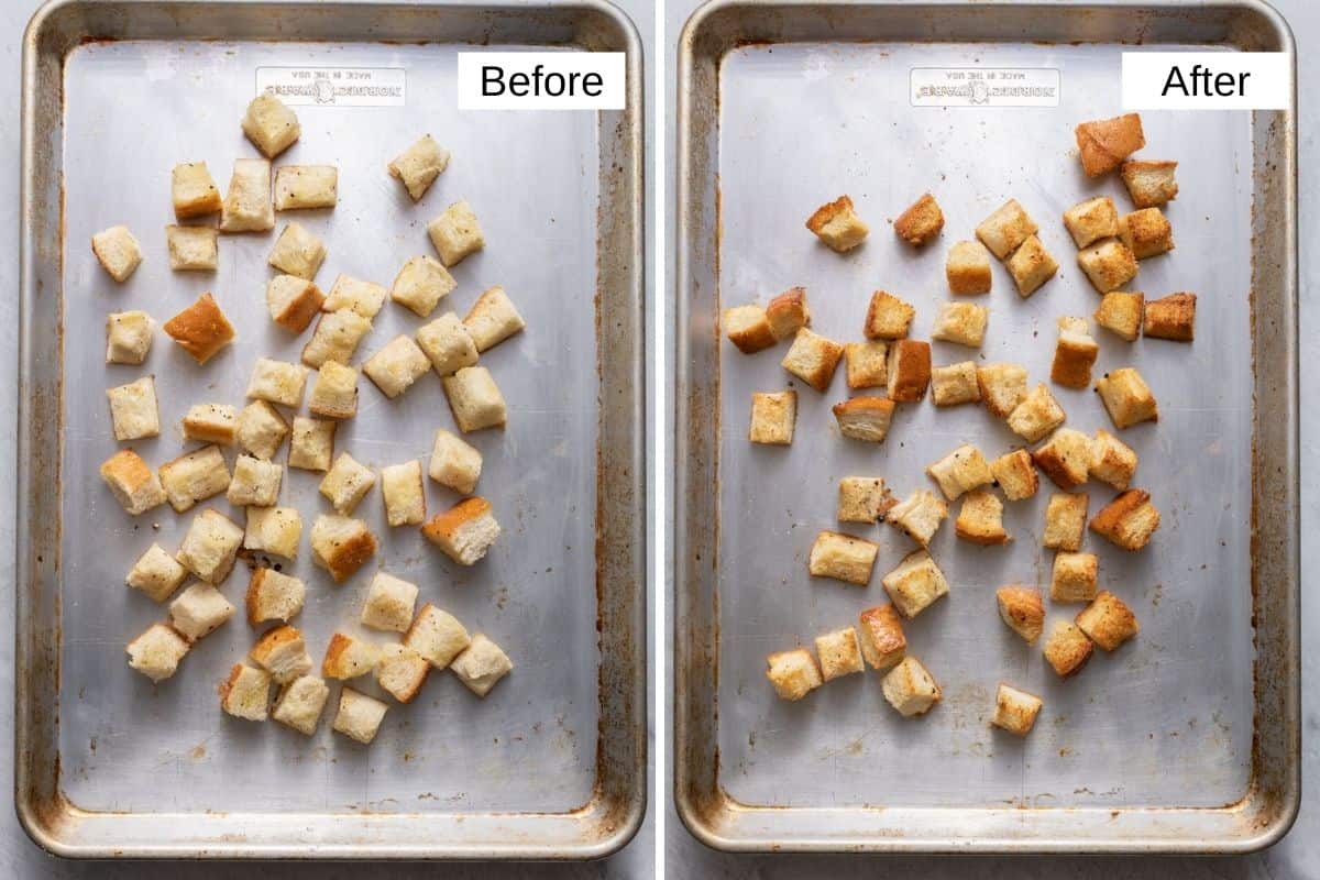 2 image collage showing how to make the croutons - before and after