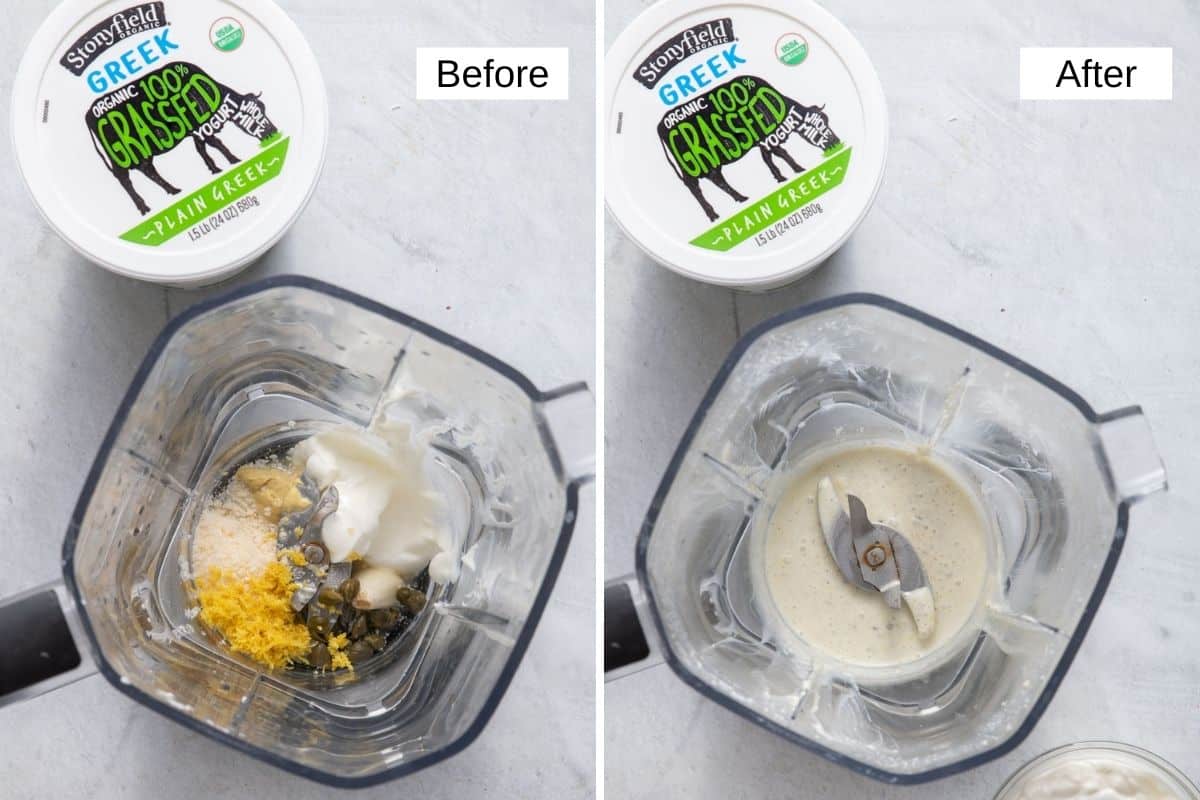 2 image collage showing how to make the dressing - before and after