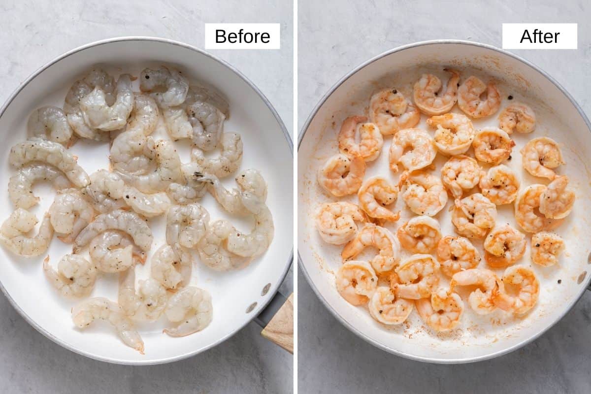 2 image collage showing how to cook the shrimp - before and after