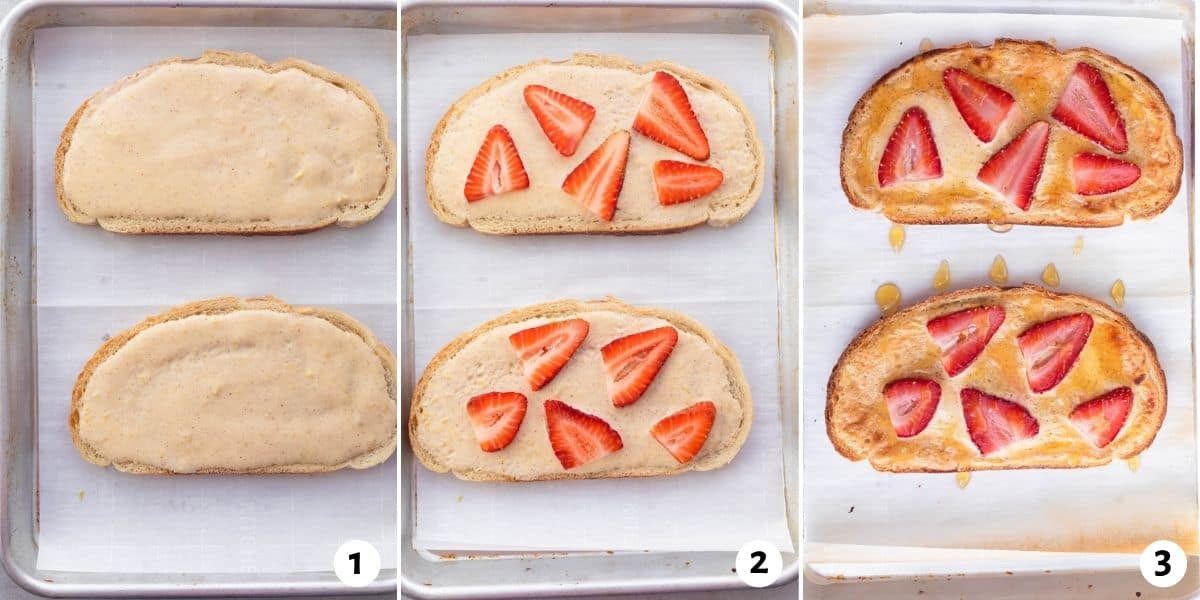 3 image collage to show the toast with the custard, then with berries and then toasted