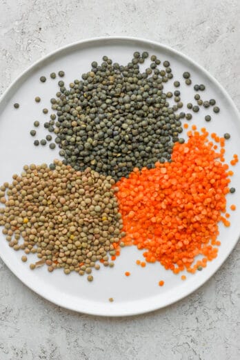 Plate showing three types of lentils: brown, red and green