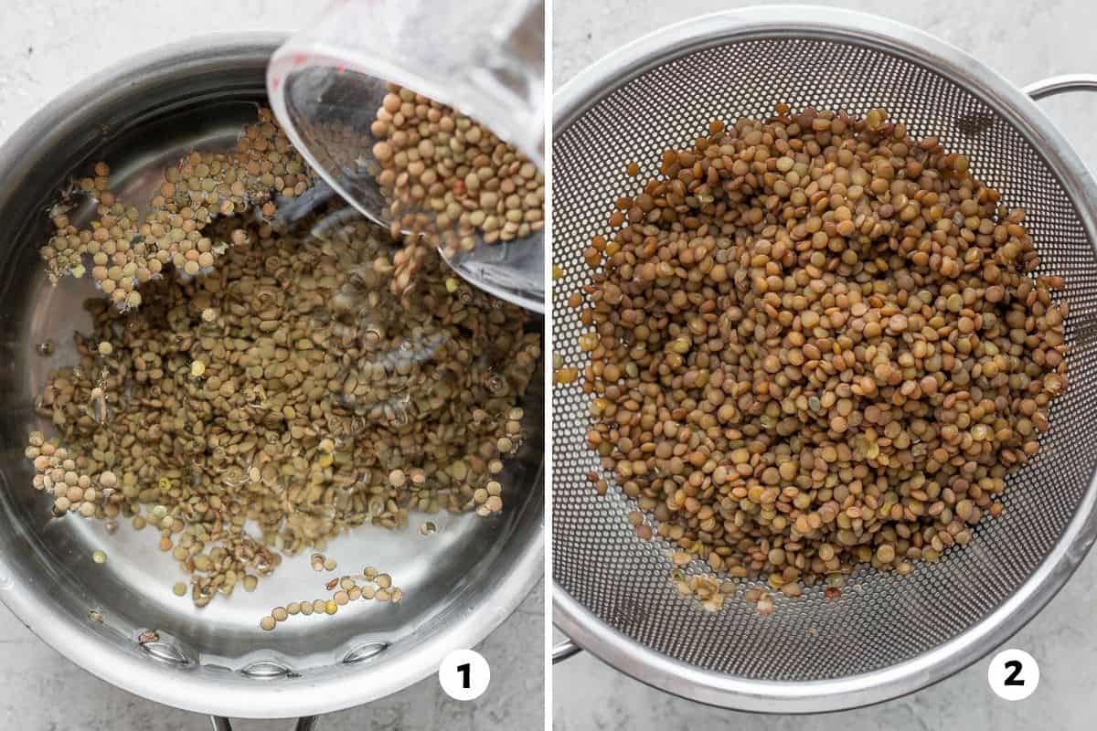 2 image collage to show how to cook brown lentils in pot and then lentils draining in colander
