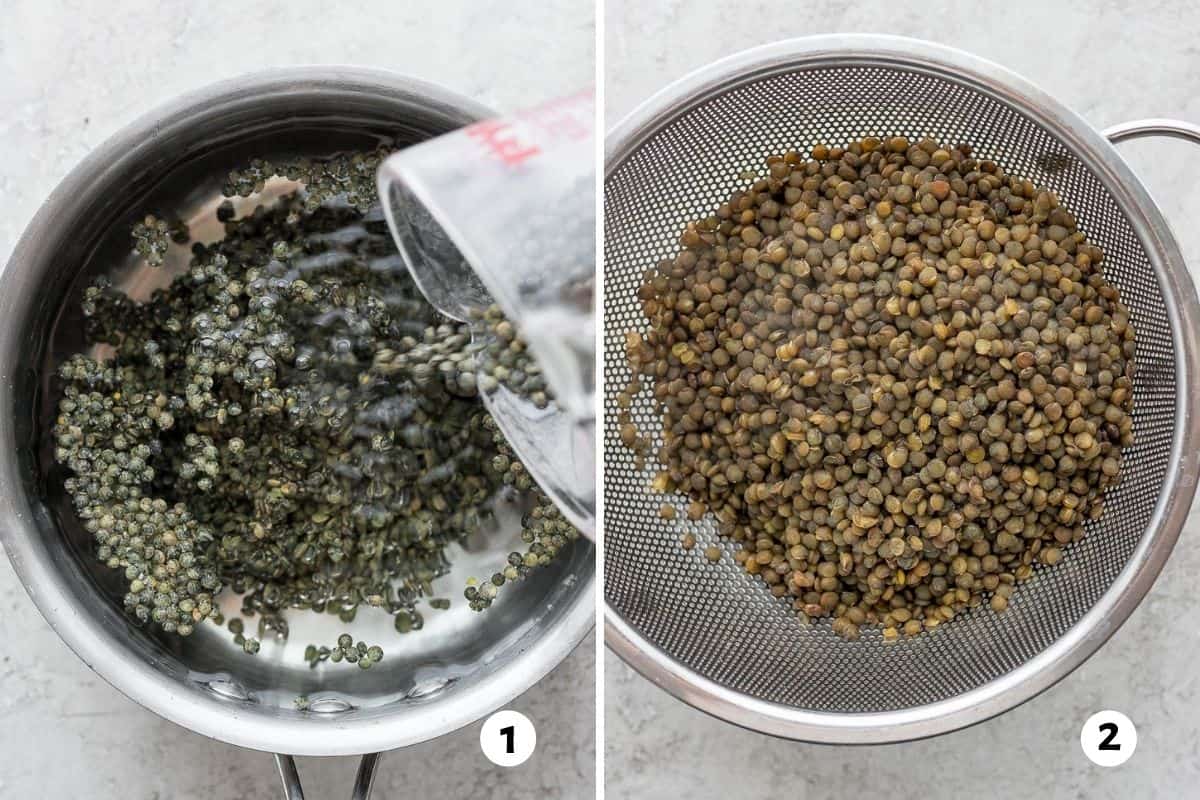 2 image collage to show how to cook green lentils in pot and then lentils draining in colander