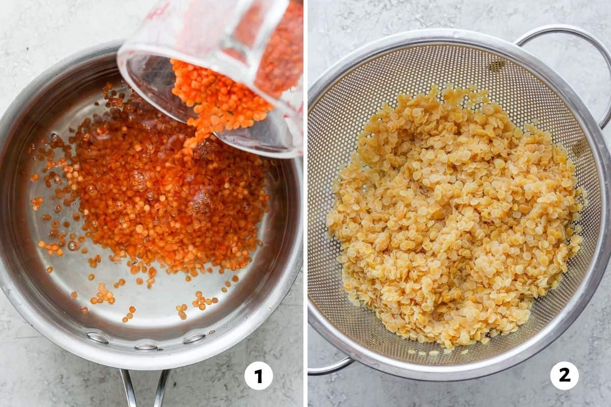 2 image collage to show how to cook red lentils in pot and then lentils draining in colander