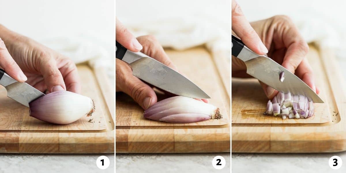 3 image collage to show how to cut shallots as diced