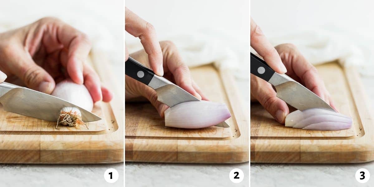 3 image collage to show how to cut shallots as julienned