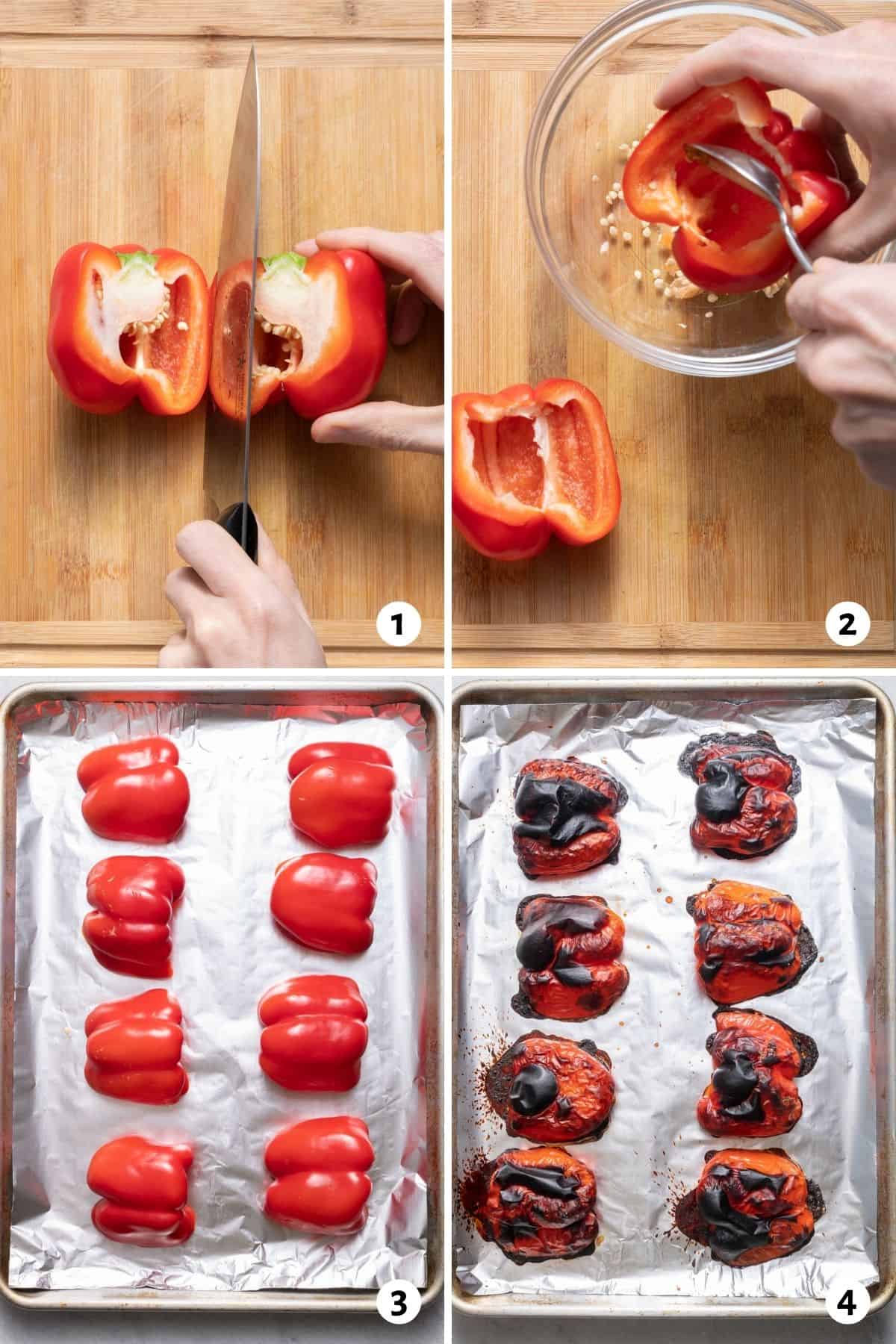 4 image collage to show how to remove the seed and roast peppers in the oven until charred