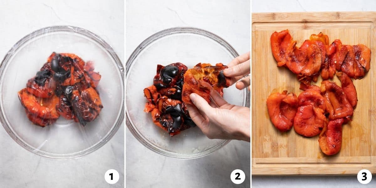 3 image collage to show steaming peppers, peeling skin and then all the peeled peppers ready for the jar