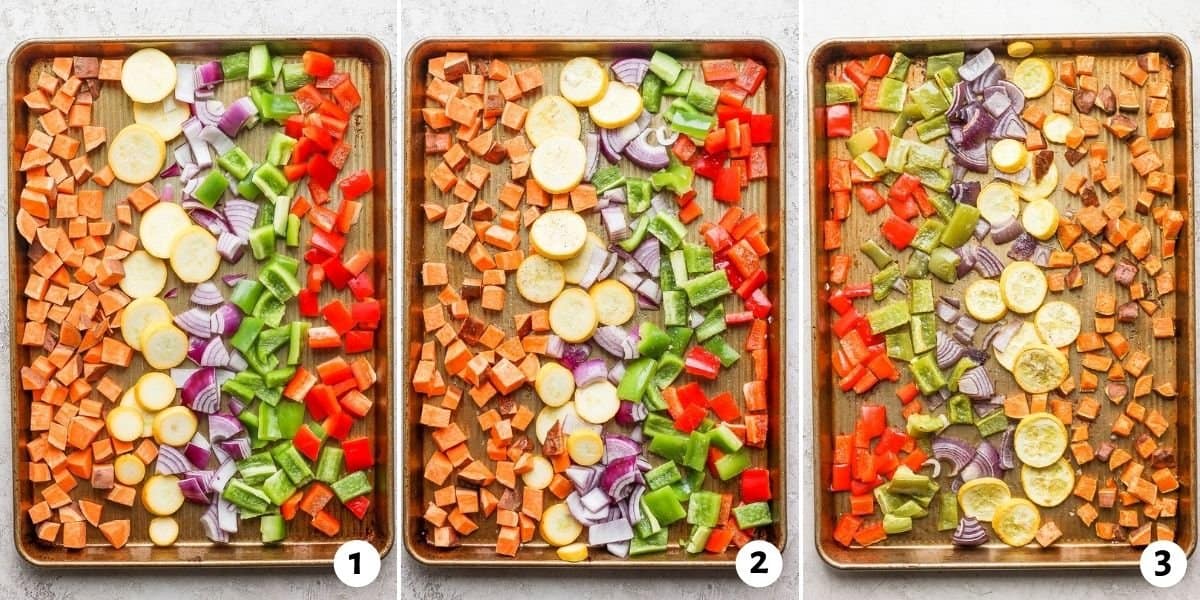 3 image collage showing vegetables in pan, then seasoned and then roasted
