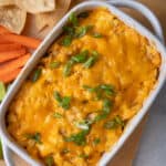 Healthy buffalo chicken dip served with veggies and chips