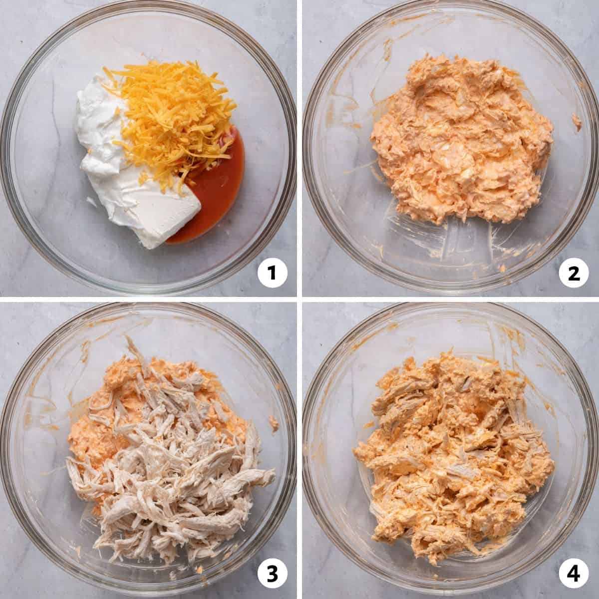 4 image collage to show how to make the buffalo chicken dip