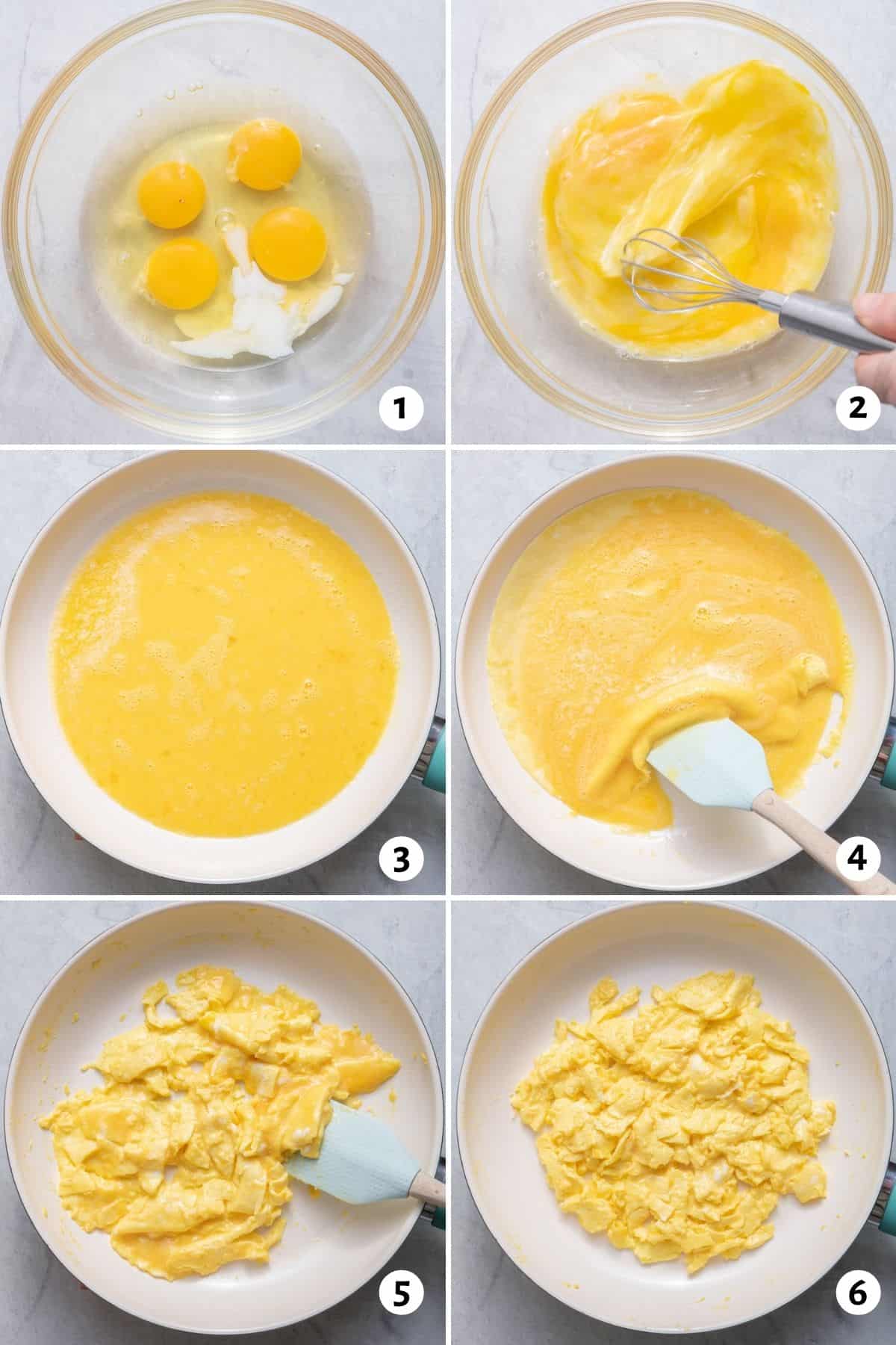6 image collage to show how to scramble eggs