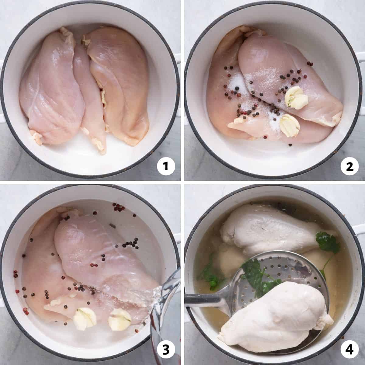 4 image collage to show how to boil chicken breast for shredding
