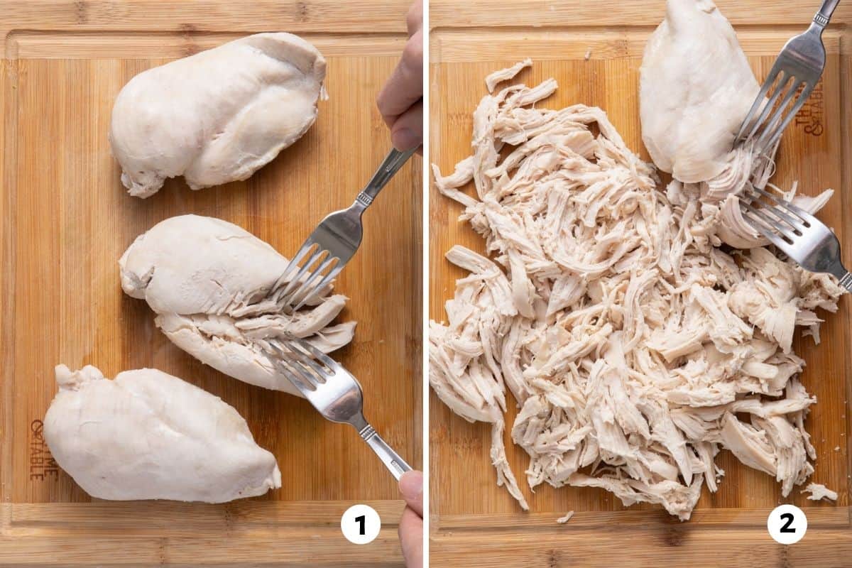 2 image collage to show how to shred chicken breast