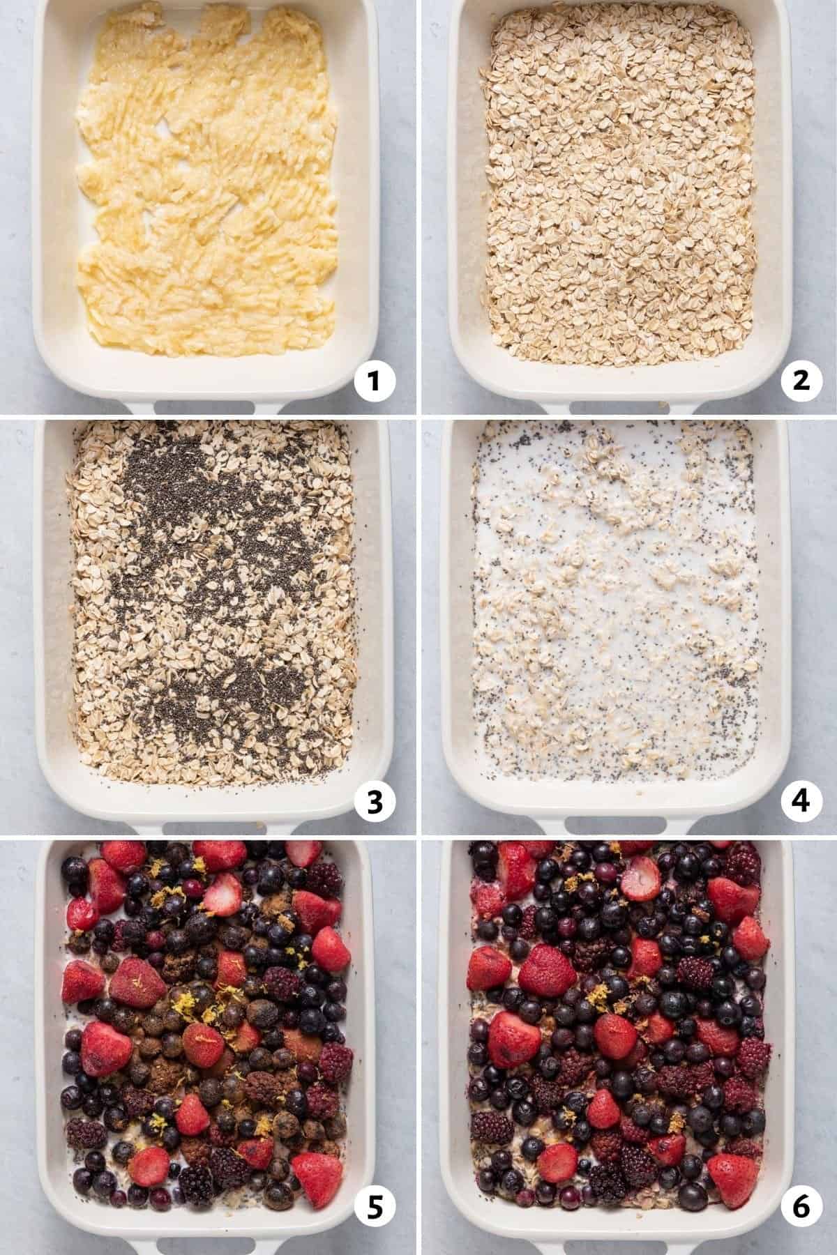 6 image collage to show how to layer the ingredients in the pan