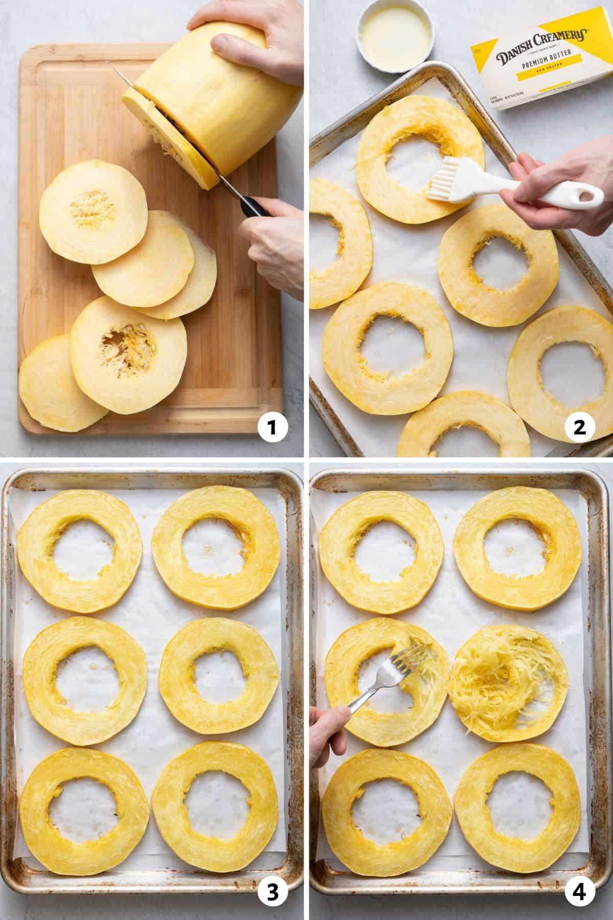 4 image collage to show how to cut the spaghetti squash, butter it, bake and then pull apart the strands