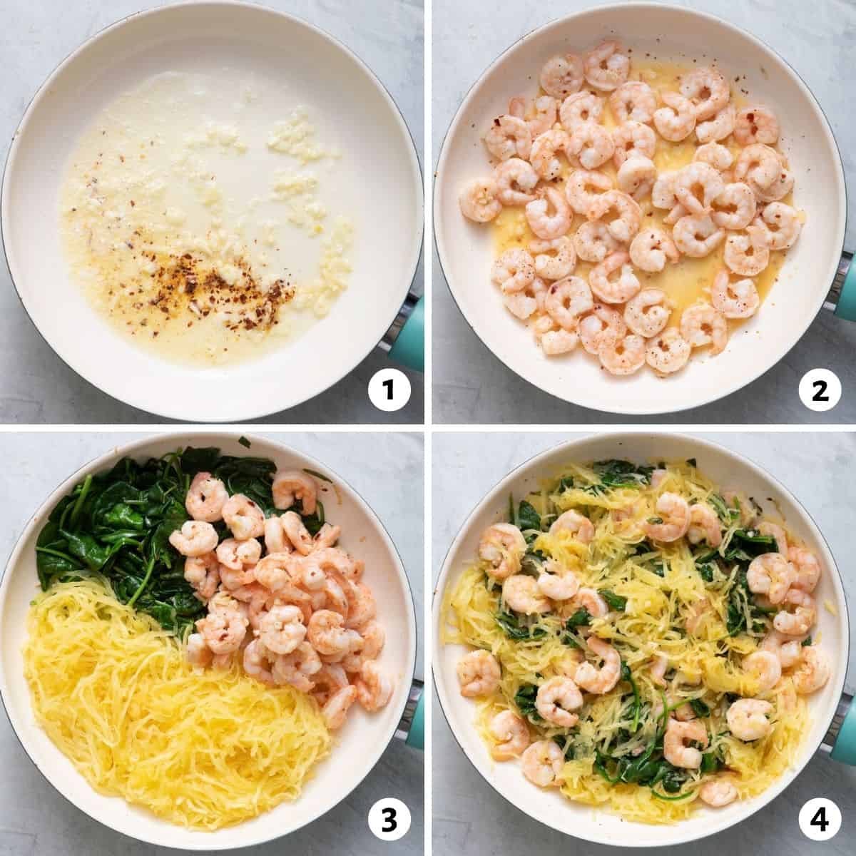 4 image collage to show how to cook the shrimp and then toss it together with the spinach and spaghetti squash