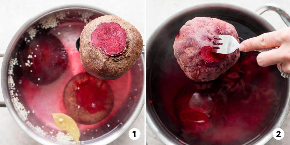2 image collage to show how to boil beets in a small pot on the stovetop