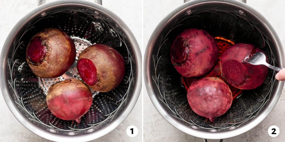 2 image collage to show how to steam beets in a steamer basket