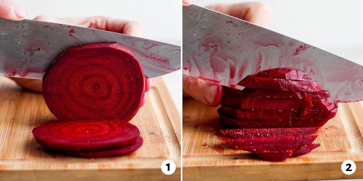 2 image collage to show how to cut beets julienne style