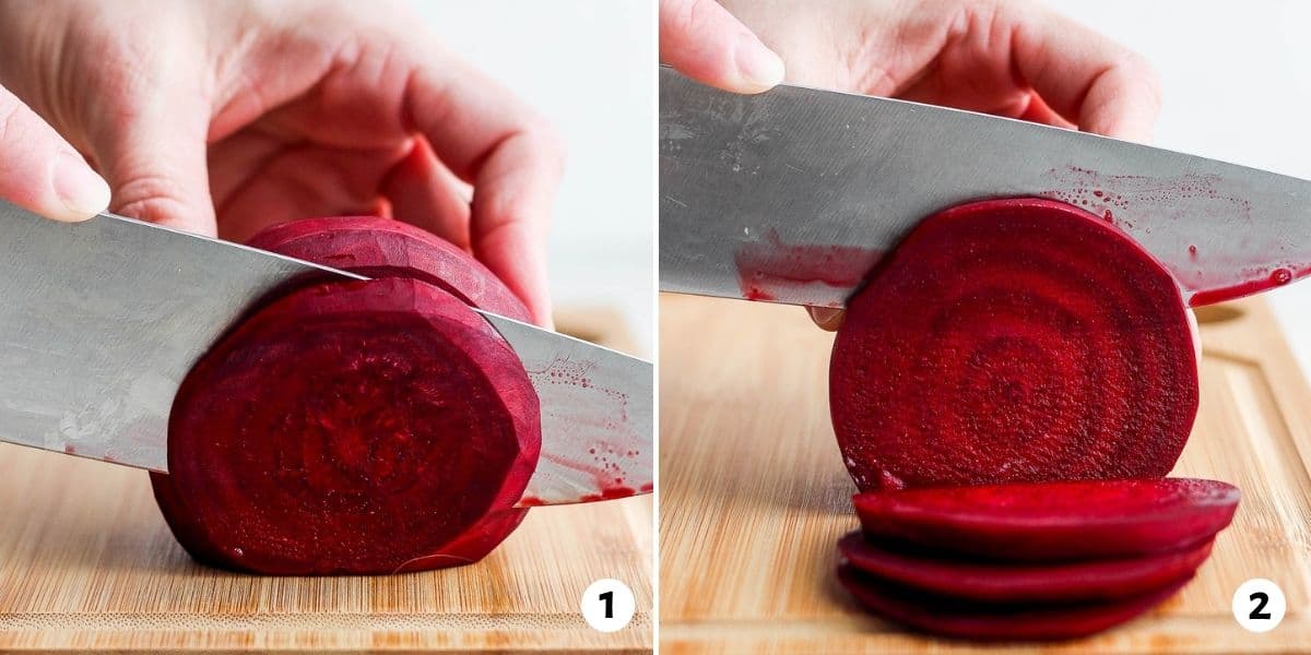 2 image collage to show how to slice beets into rounds