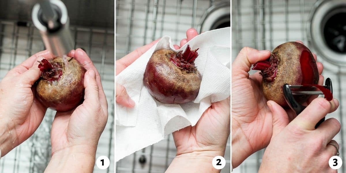 3 image collage to show how to wash, dry and peel beets