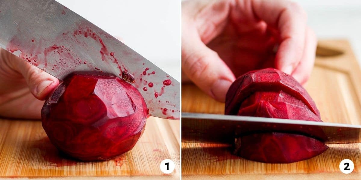 2 image collage to show how to cut beets into wedges