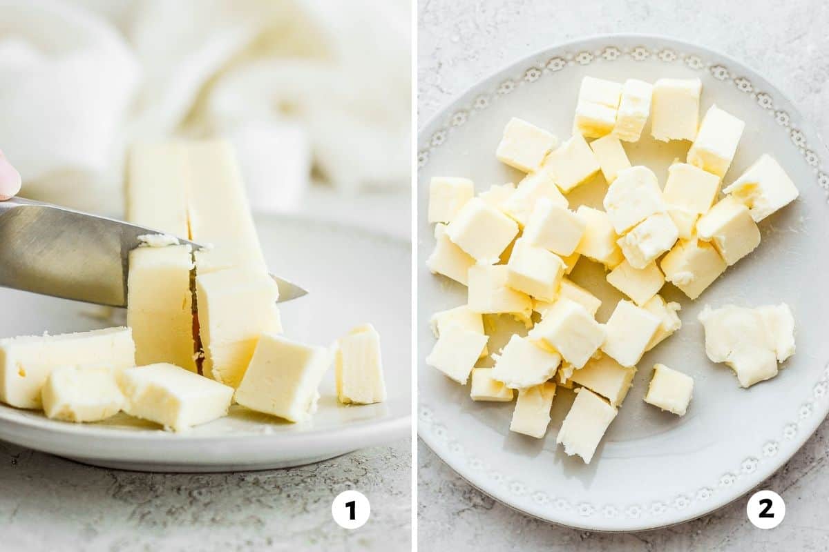 2 image collage to show how to soften butter the cubed method