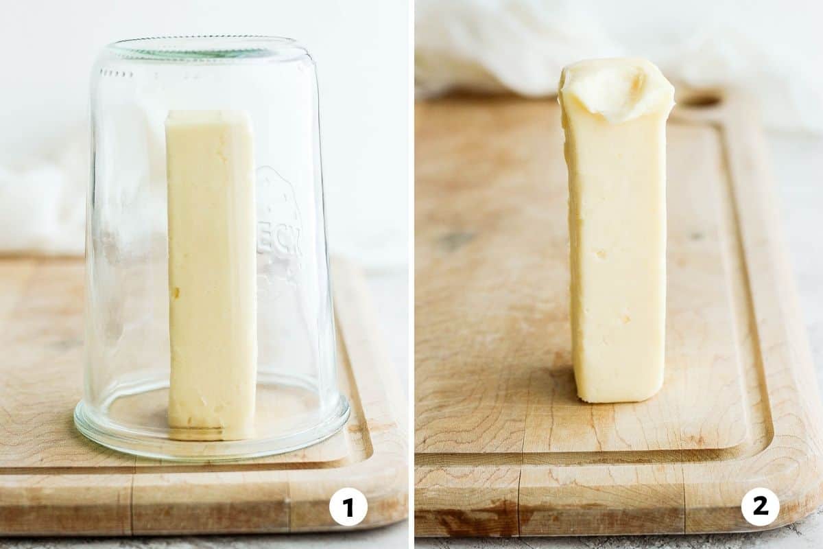 2 image collage to show how to soften butter the steaming cup method