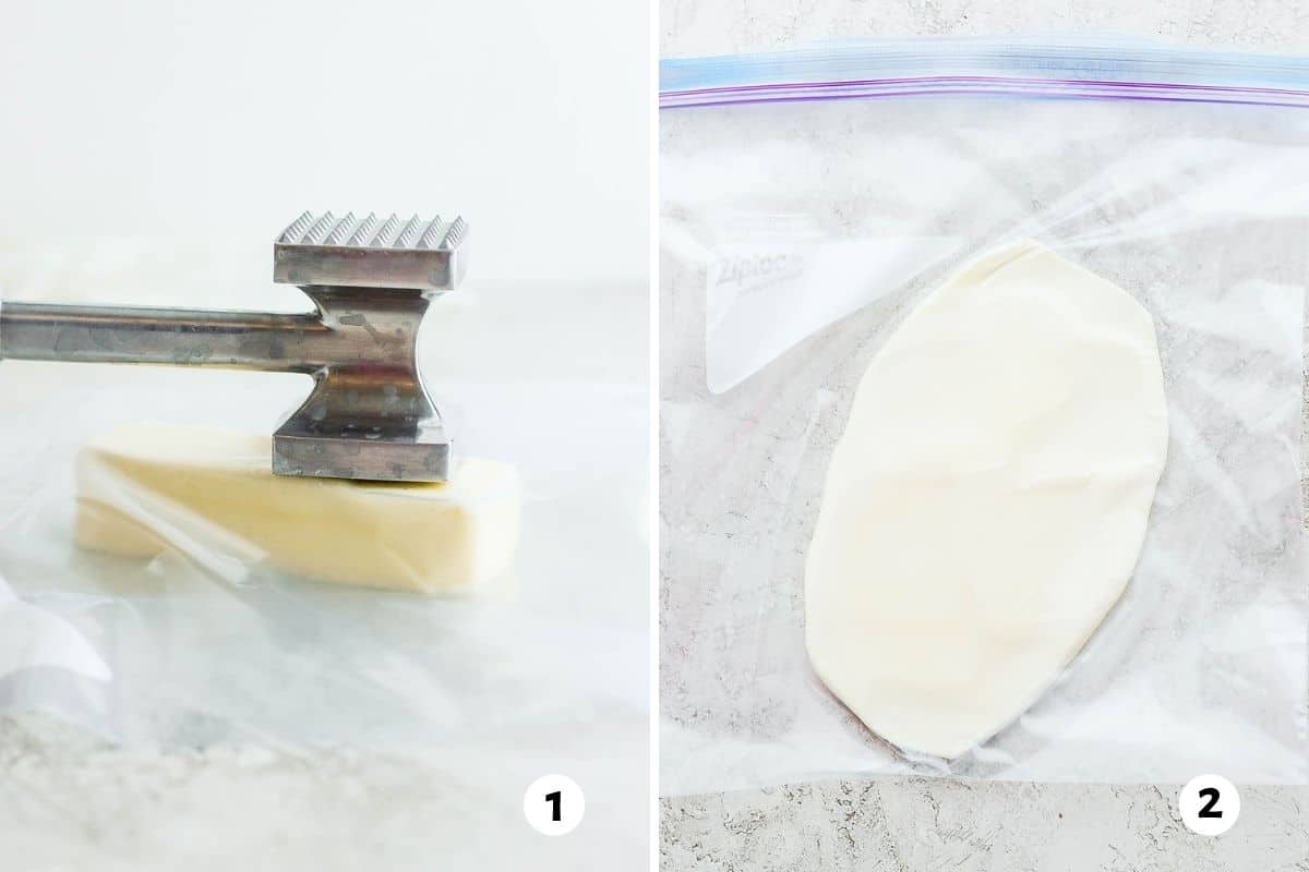 2 image collage to show how to soften butter the pounded method
