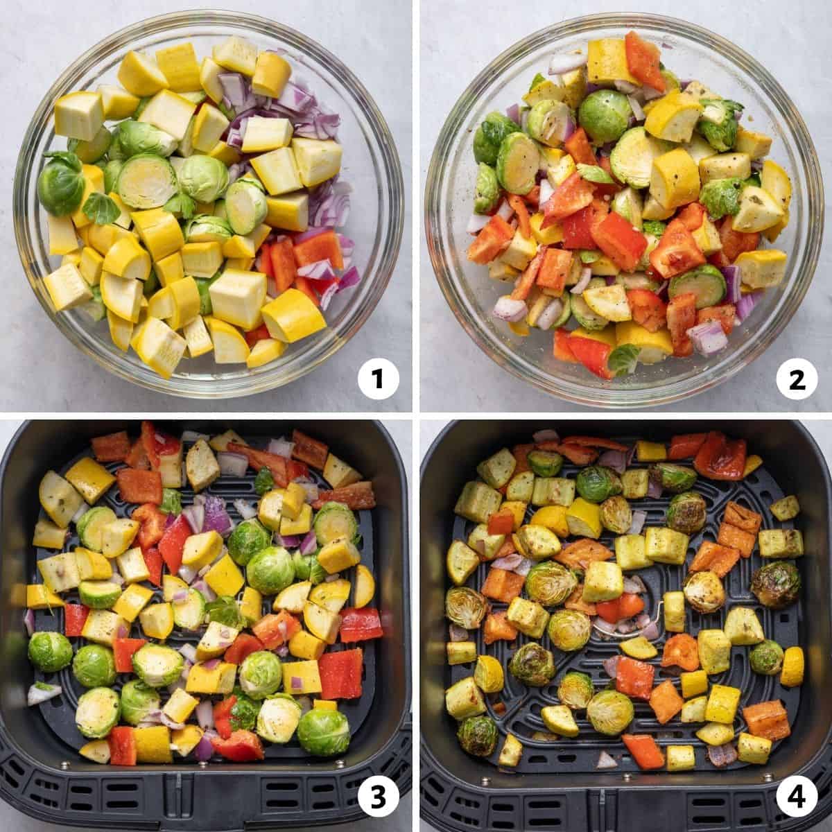 4 image collage to show how to season and air fry vegetables easily