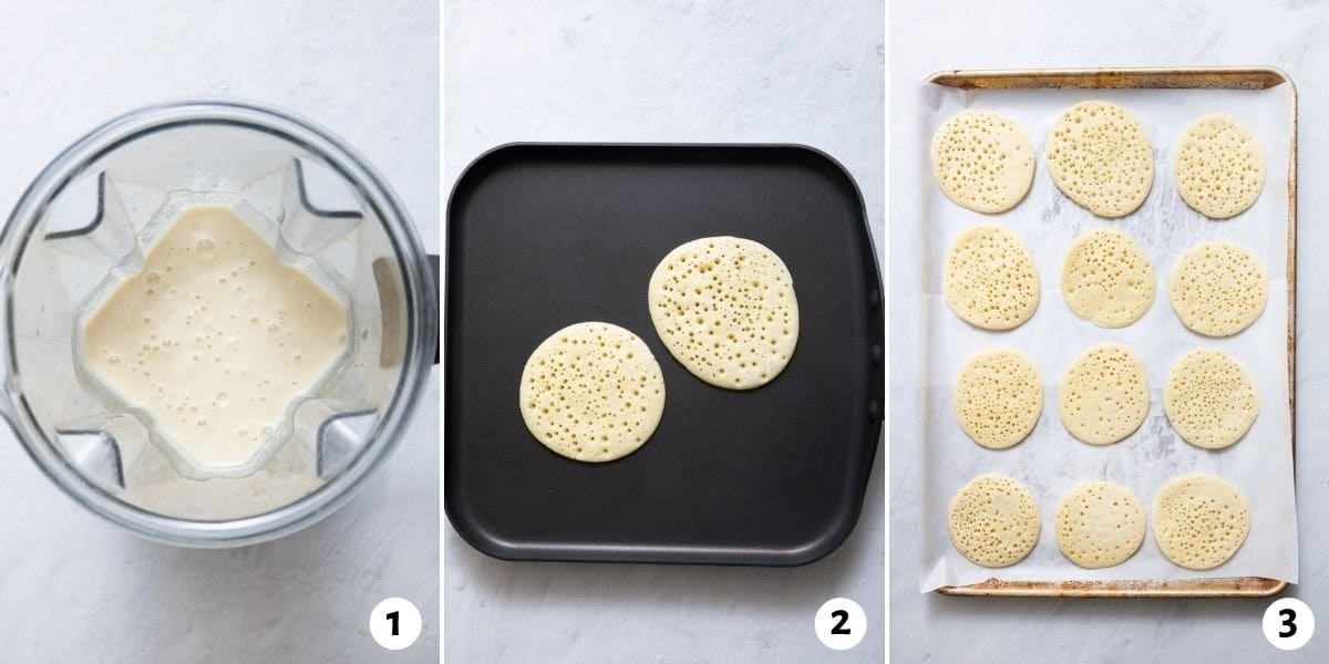 3 image collage showing steps 1 through 3 on how to prepare batter for recipe, pan-frying batter in skillet showing bubbles, and a sheet pan with 12 pancakes open faced on parchment paper with bubble side up