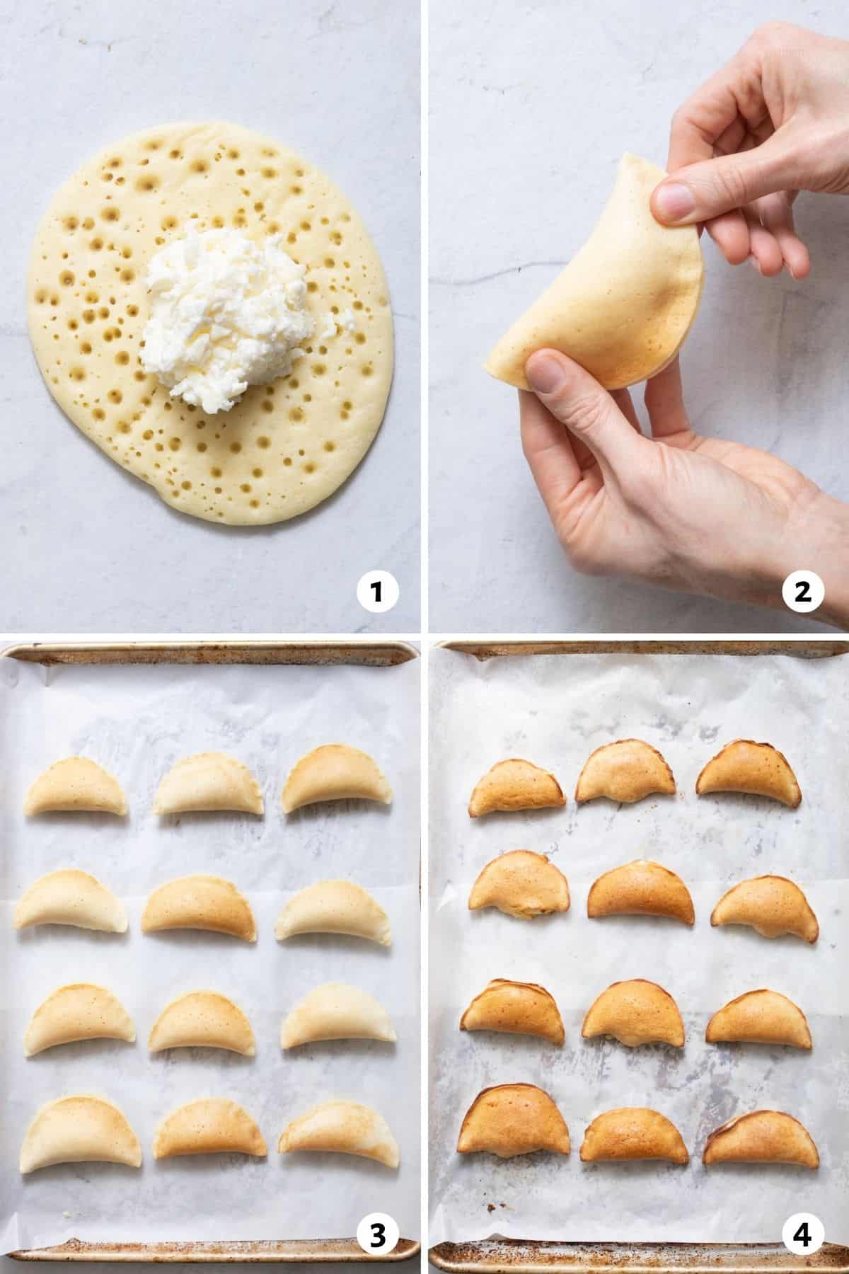 4 image collage on how to fill, seal, sheet pan lined with parchment paper of Atayef before cooking and after cooking