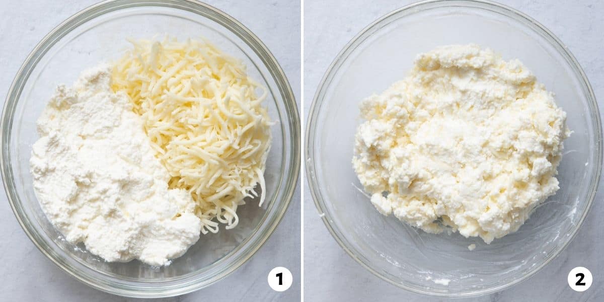 2 image collage showing how to mix cheese blend to fill atayef: step 1 add mozzerella, ricotta and simple syrup before mixed and step 2 showing the ingredients mixed in glass bowl