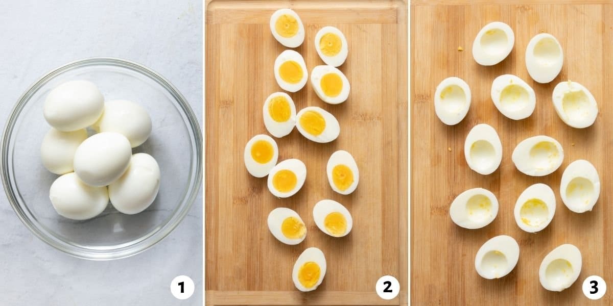 3 image collage showing how to prepare boil eggs for recipe