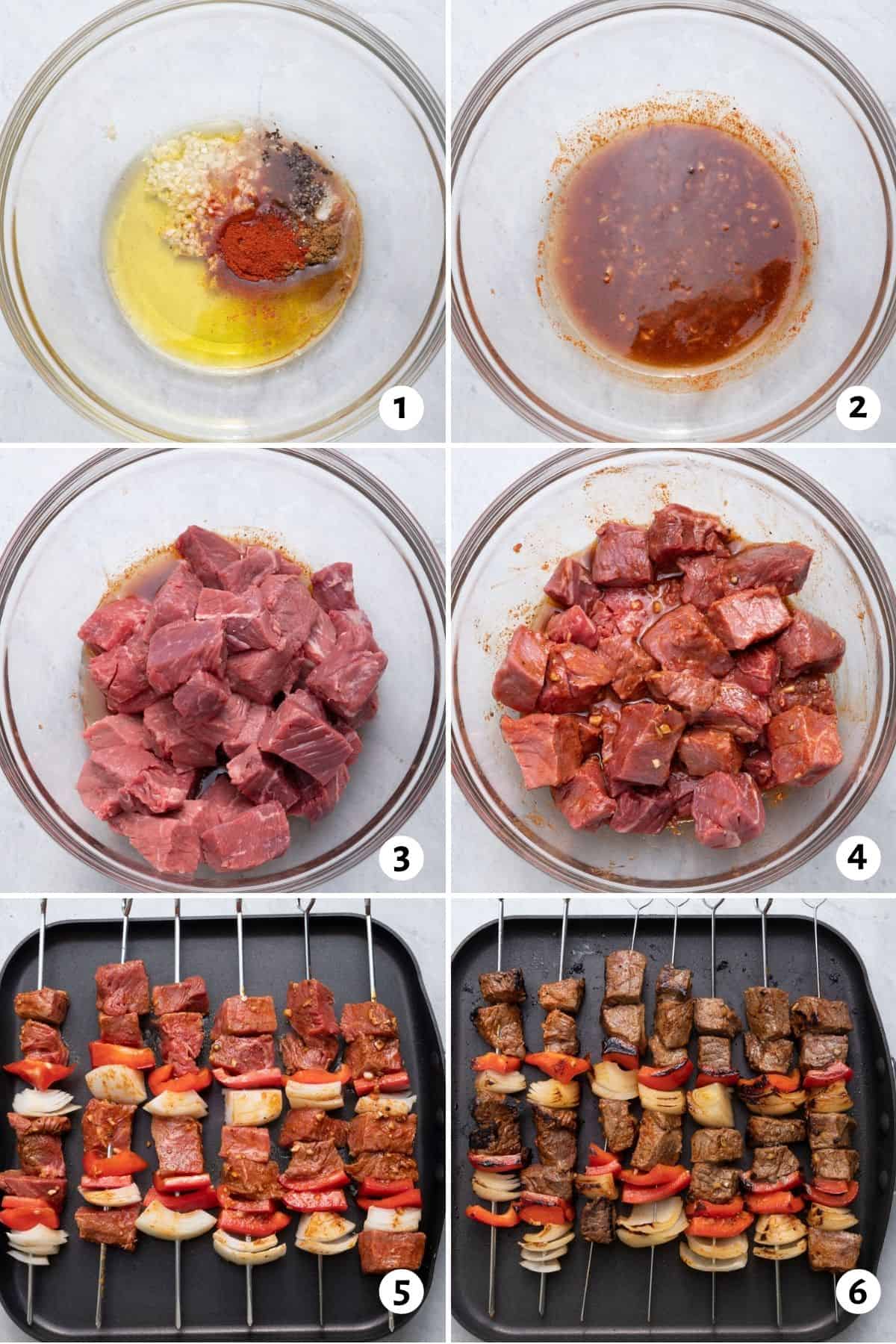 6 image collage on how to marinate and skewer beef kabobs