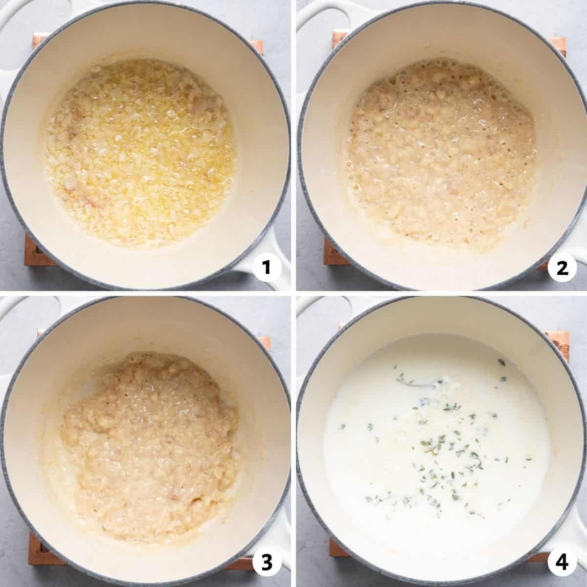4 image collage showing how to make the sauce for the potato recipe