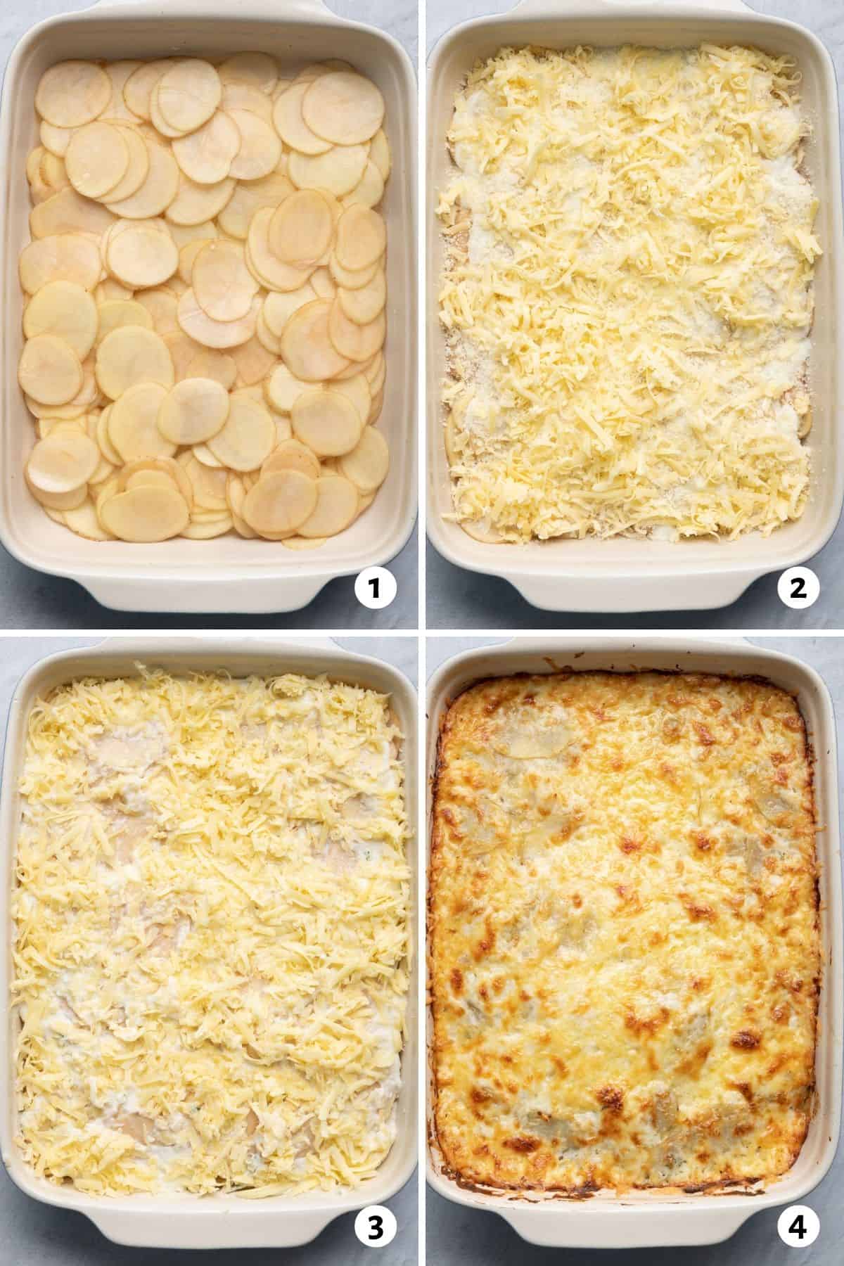 4 image collage showing how to layer the potatoes and sauce in the baking dish