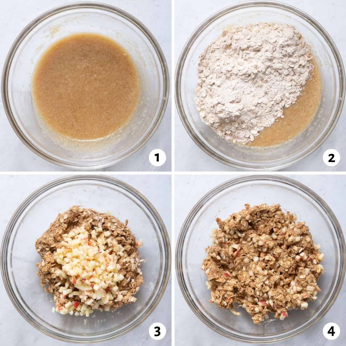 4 image collage of how to mix cookie batter