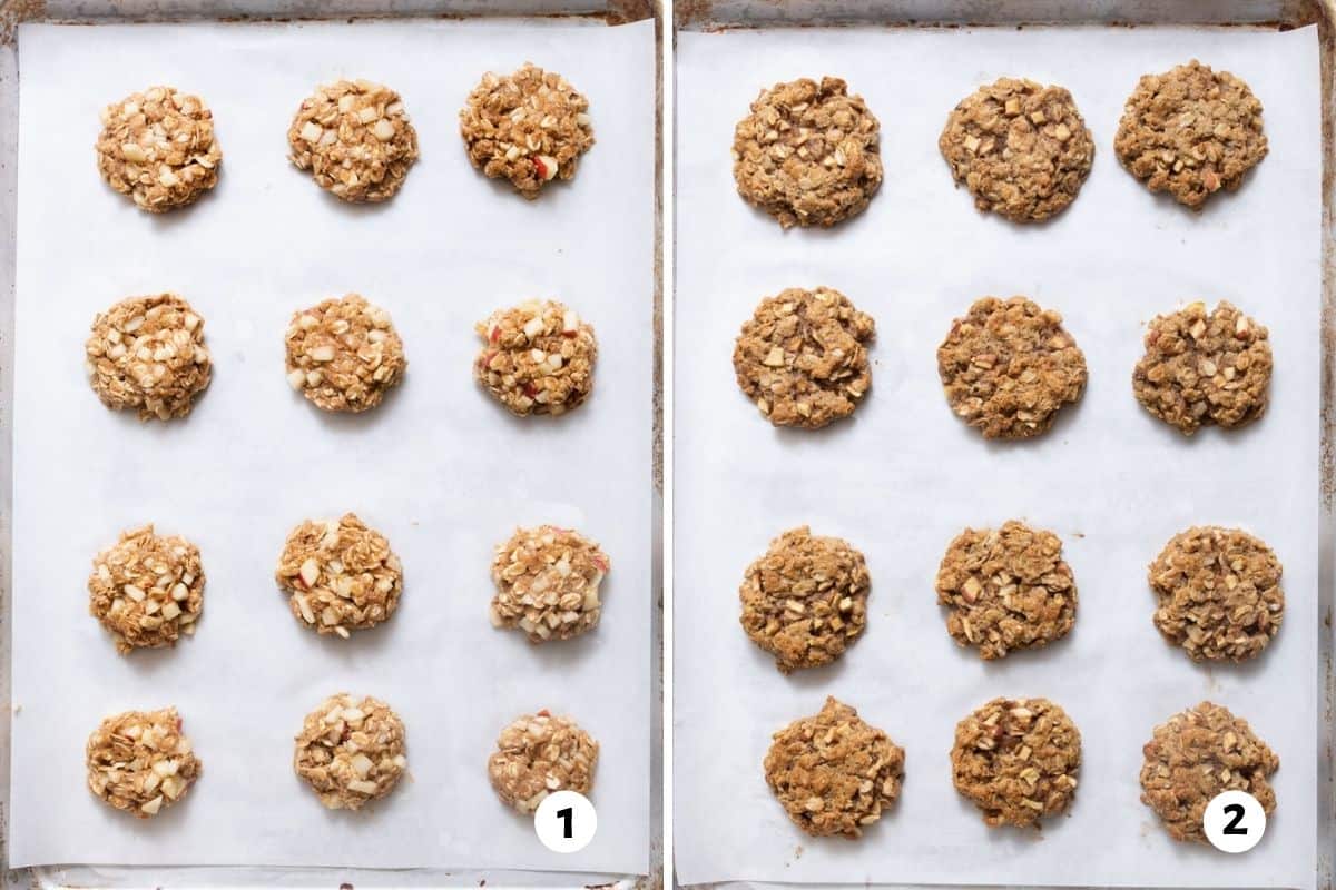 image showing before and after cookies are baked on parchment lined baking sheet