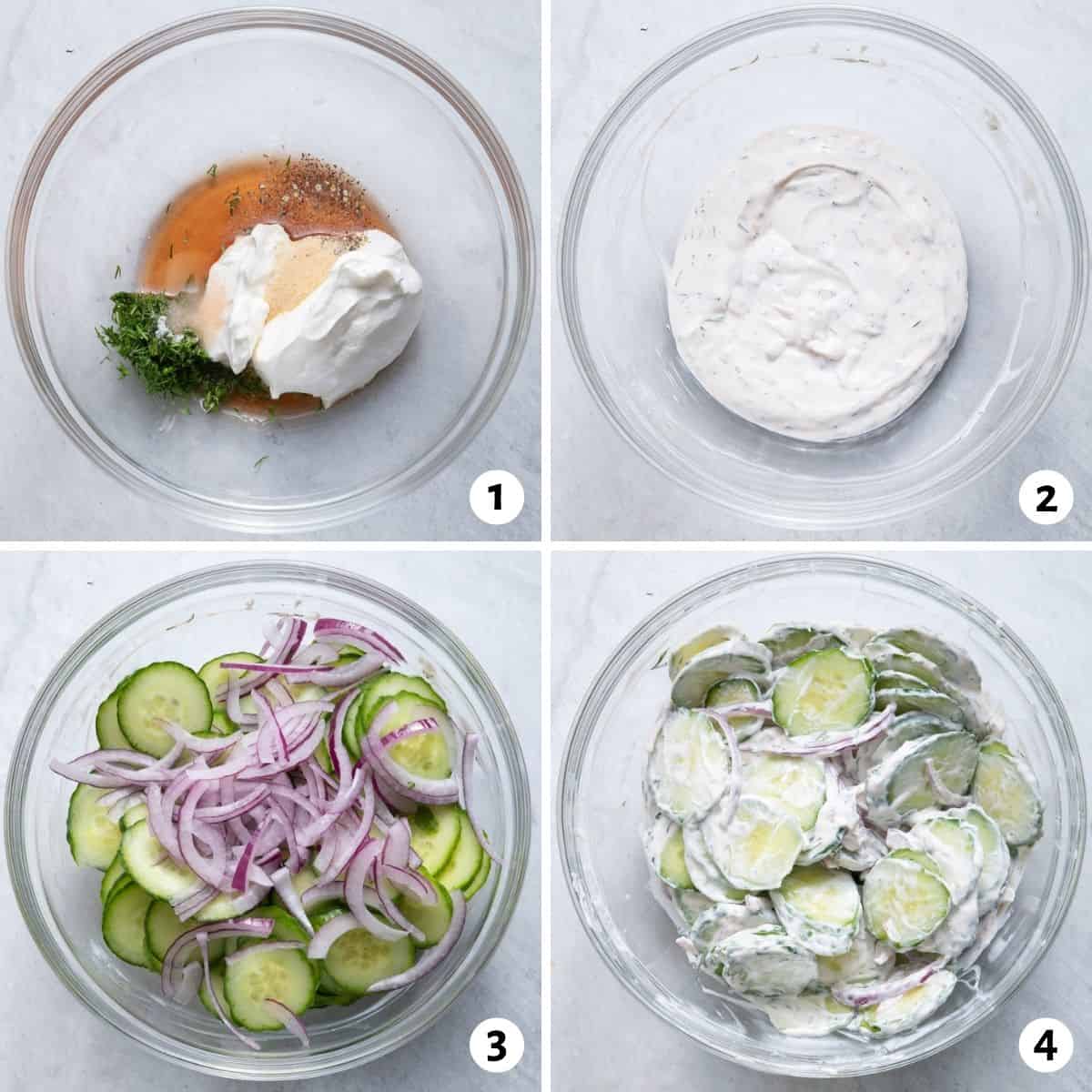 4 image collage of how to make creamy dressing for cucumber salad and tossing in the cucumbers and red onions