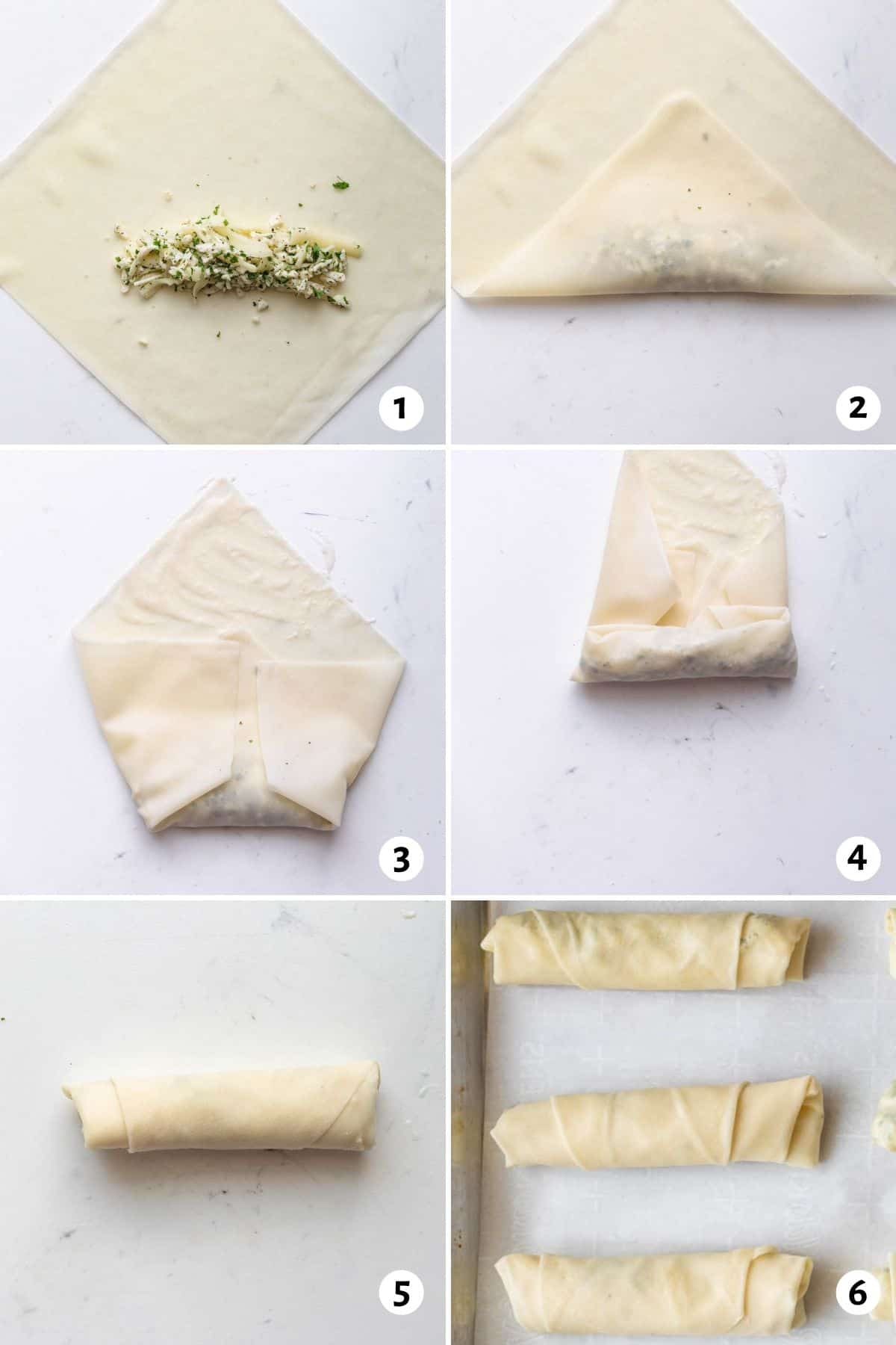6 image collage to show how to fold the cheese rolls
