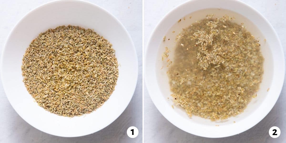 2 image collage with first bowl with serving of freekeh and second image with freekeh submerged in water